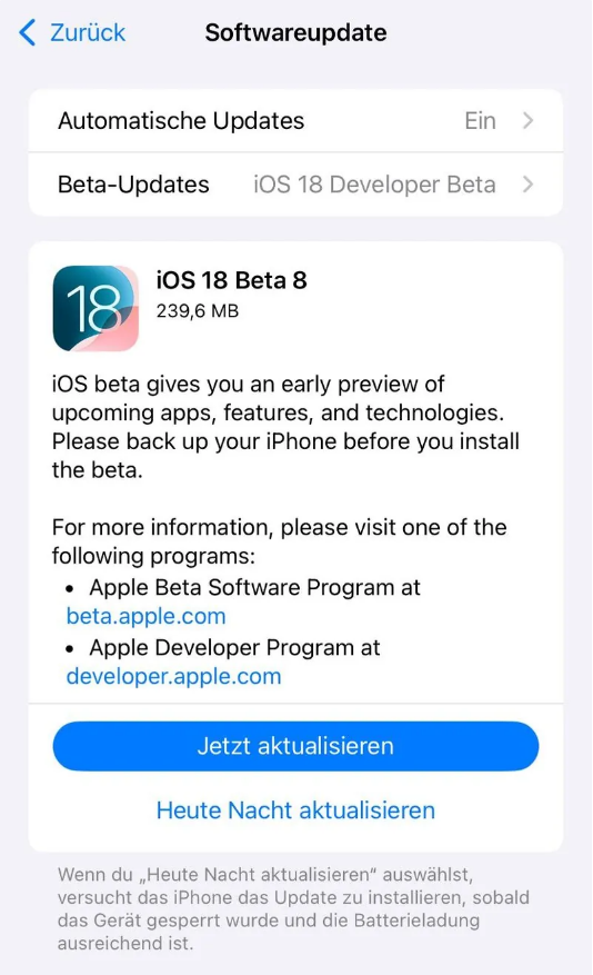 城北苹果手机维修分享苹果 iOS / iPadOS 18 开发者预览版 Beta 8 发布 